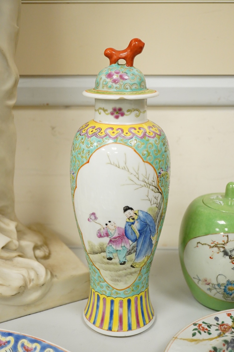 A collection of Chinese ceramics, 18th century and later to include a blue and white vase and cover, ‘goldfish’ charger and various bowls, largest 36cm in diameter